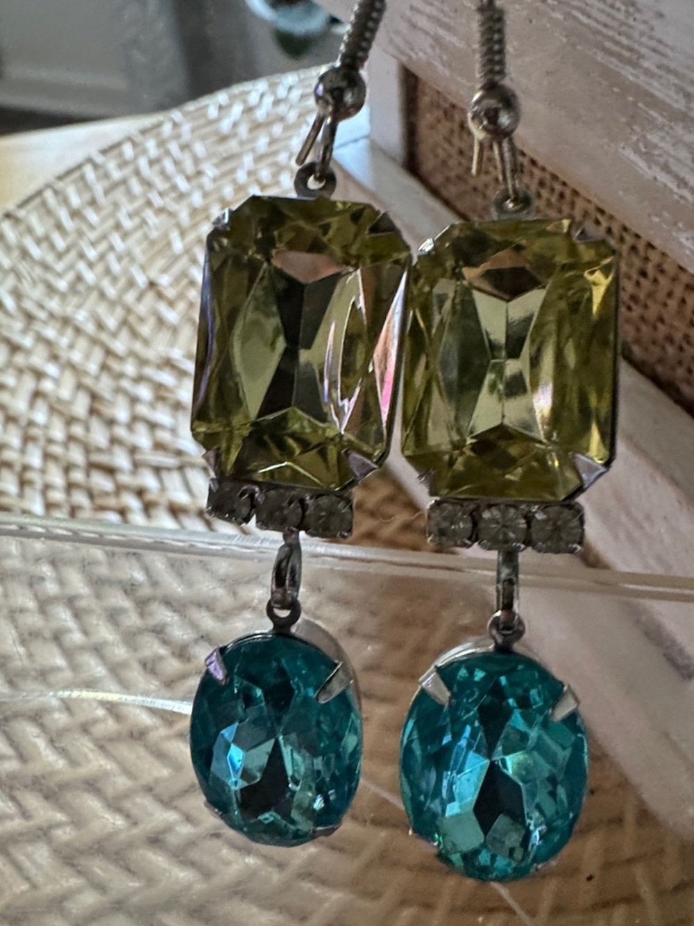 Yellow and Teal Crystal Drop Earrings -Costume jewelry - Picture 8 of 10